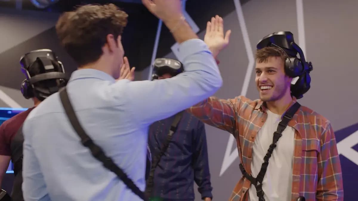 Group of friends celebrating after their Zero Latency Webster, Houston VR session